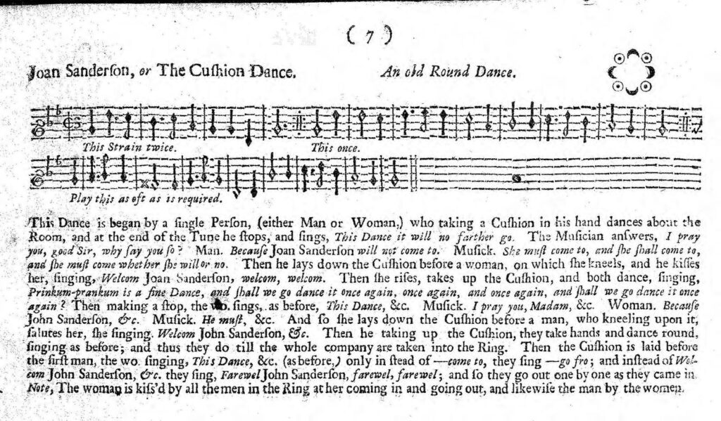 A scanned page of old sheet music and dance instructions titled Joan Sanderson, or The Cushion Dance, with musical notes and text describing the dance steps and roles.