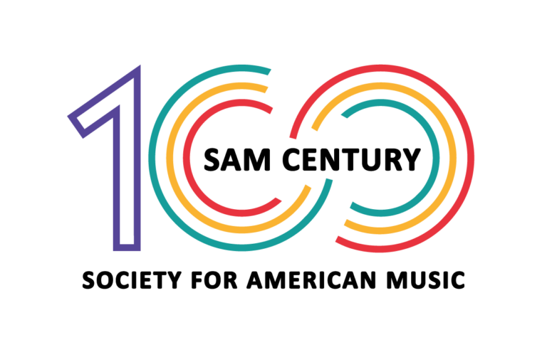Logo with a purple 1 and 00 in rainbow colors forming 100, with SAM Century inside. Below, black text reads Society for American Music..