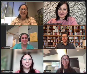 A Zoom video call with six participants, each in their own window. They are smiling, and backgrounds include bookshelves, artwork, and office settings. Usernames are visible below their images.
