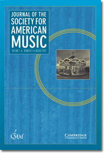 Blue cover of the Journal of the Society for American Music featuring a photo of a carousel and gold circular designs, published by Cambridge University Press.