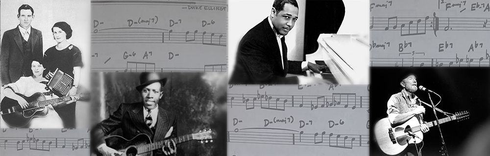 A collage of vintage musicians with guitars and piano, overlaid on sheet music. The image includes historical black-and-white photos of men and women performing or posing with their instruments.