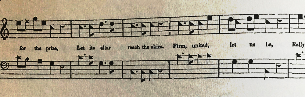 Sheet music in black ink with lyrics: for the prize, Let its altar reach the skies. Firm, united, let us be, Rally. The music is on a yellowed page with treble and bass clefs.