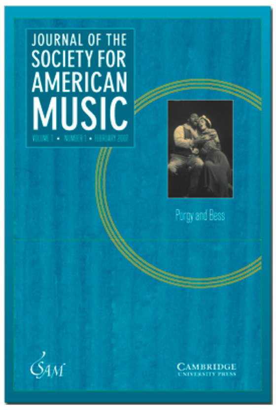 Journal cover in blue with the title Journal of the Society for American Music. Features a small black-and-white photo of two people sitting, labeled Porgy and Bess, and the Cambridge University Press logo.