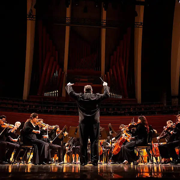 A conductor leads an orchestra on stage, musicians playing string instruments in a concert hall with dramatic lighting and a large organ in the background.